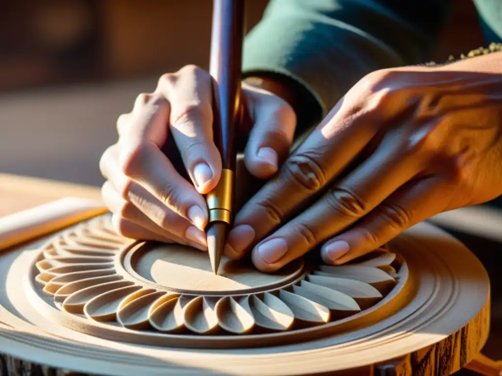 Un artesano talla con maestría un instrumento musical de madera, mientras la inteligencia artificial en diseño de instrumentos observa