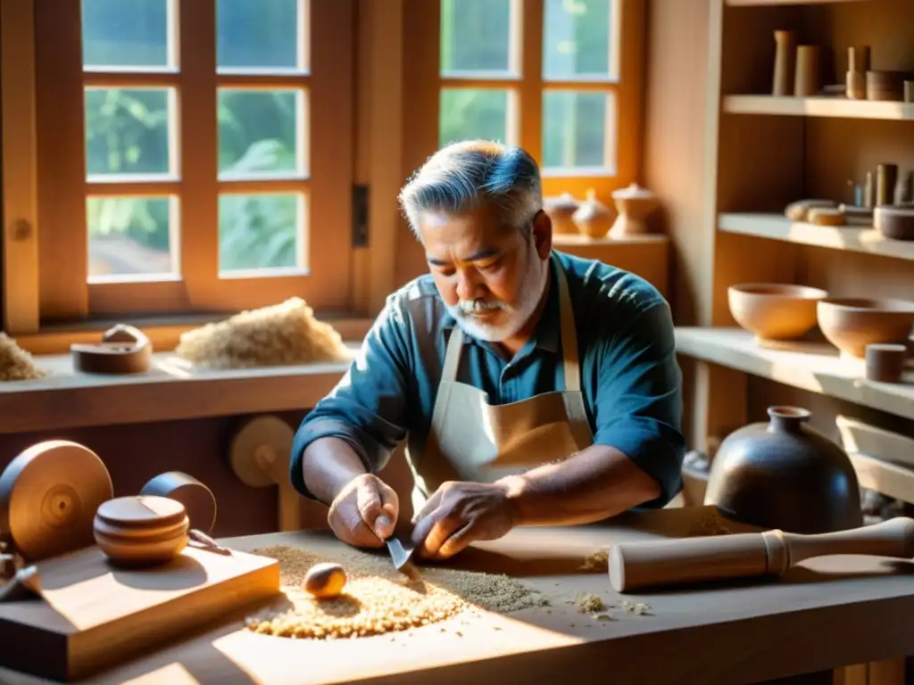 Un artesano talla con maestría un instrumento tradicional, resaltando la importancia cultural de preservar instrumentos tradicionales