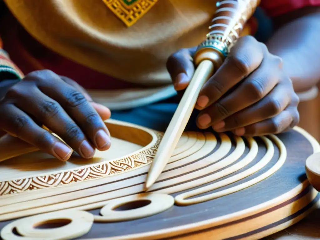 Un artesano talla intrincados diseños en el mástil de un nyckelharpa etíope, mostrando la historia y sonido del instrumento