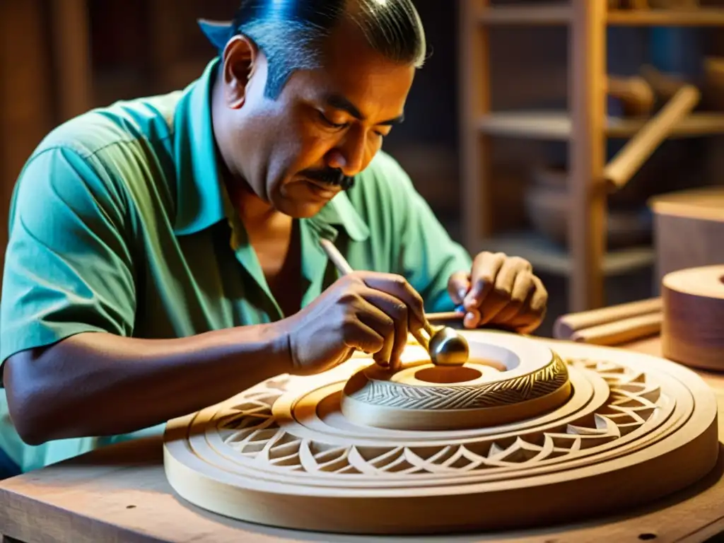 Un artesano talla intrincados diseños en un serpentón de madera, en un taller tradicional