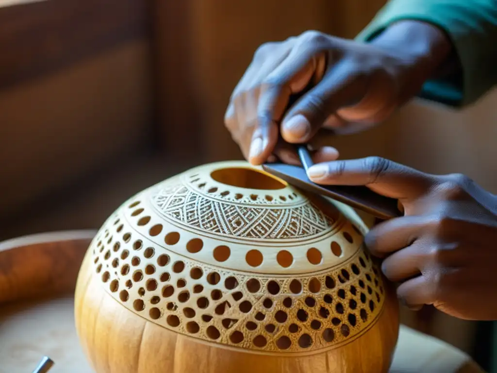 Un artesano talla intrincados diseños en una kora africana, resaltando la historia, construcción y sonido de este instrumento cultural