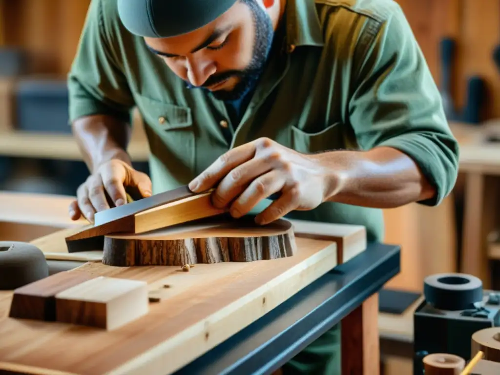 Un artesano talla y lija con esmero madera reciclada para crear instrumentos musicales sostenibles reciclados, mostrando destreza y compromiso