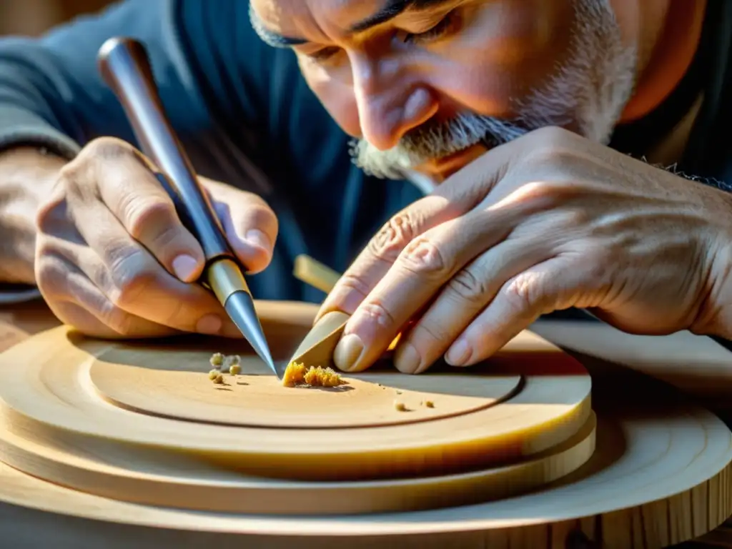 Maestro luthier esculpe con maestría una tabla armónica de violín Un artesano cuidadosamente talla madera de abeto para crear la tabla armónica de un violín clásico