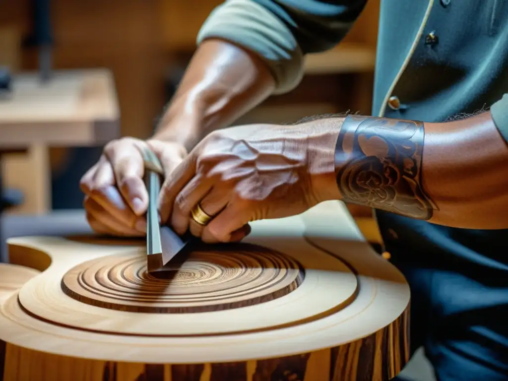 Artesano talla madera para crear guitarra acústica sostenible, destacando materiales ecológicos en instrumentos musicales