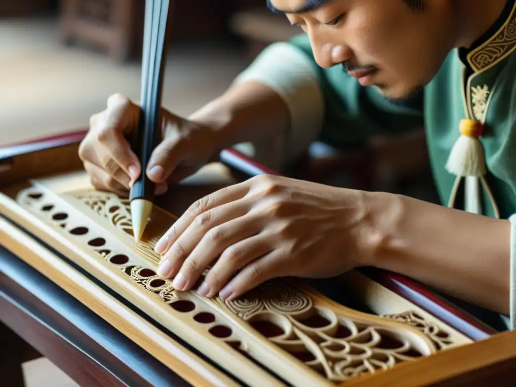 Un artesano talla con precisión en la madera del Guzheng, mostrando la historia y construcción del instrumento con detalle y destreza