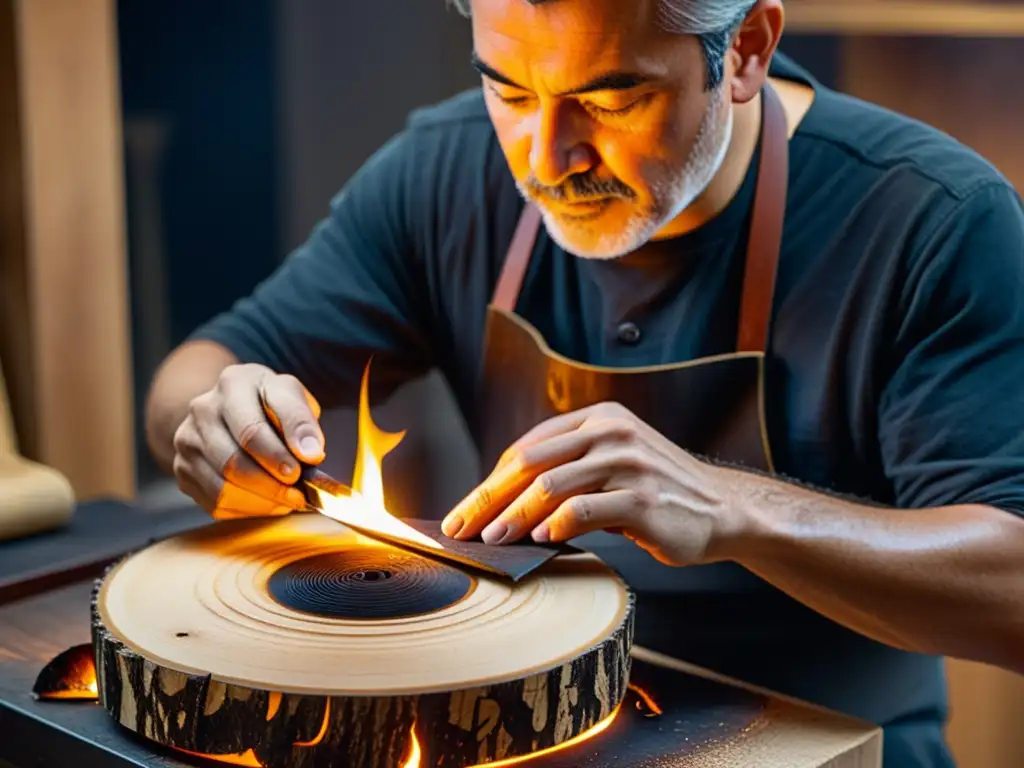 Artesano talla con precisión madera quemada para la construcción de instrumentos musicales, reflejando pasión y maestría