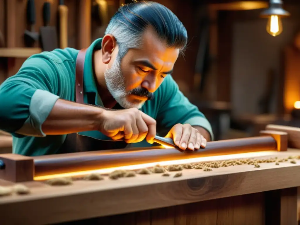 Un artesano talla con pasión una vibrante barra de madera para un xilófono en su taller, destacando la importancia del xilófono en música