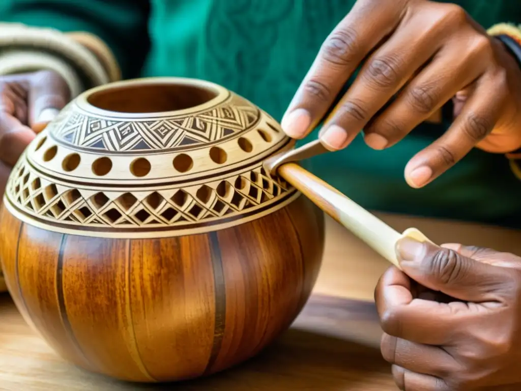 Un artesano talla con maestría patrones en un guiro de calabaza, resaltando la destreza y tradición en la construcción