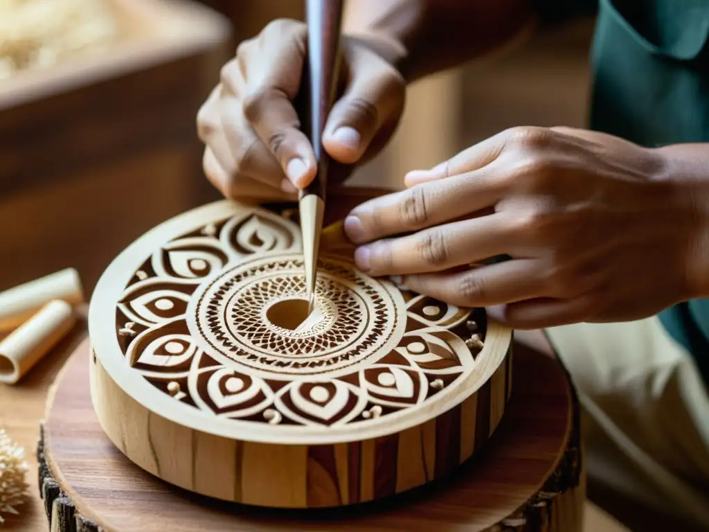 Un artesano talla patrones en un instrumento musical de madera, con enfoque y precisión