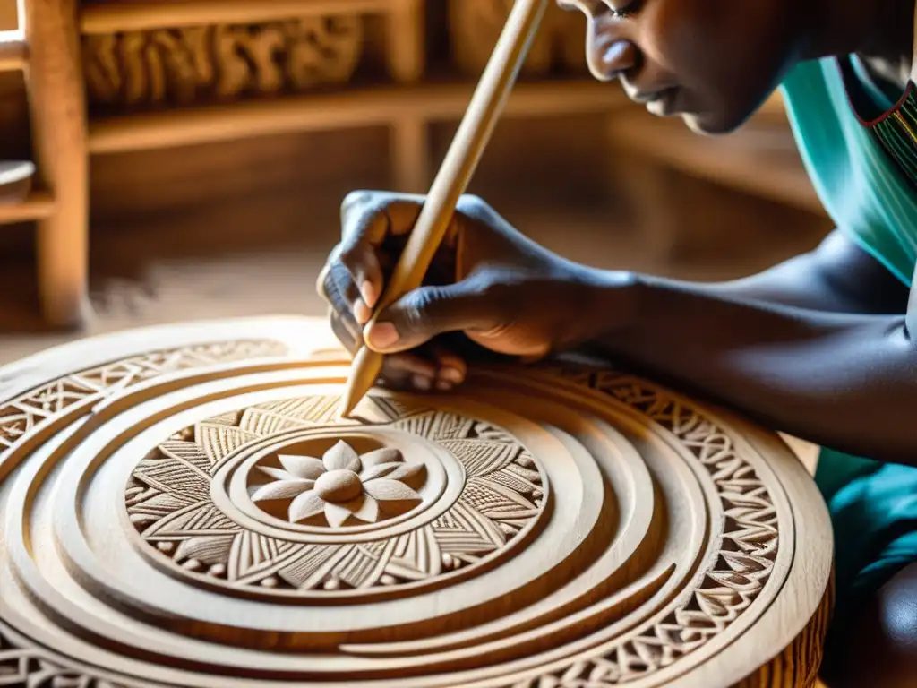 Un artesano talla patrones en madera de krin rodeado de instrumentos musicales africanos y artefactos históricos