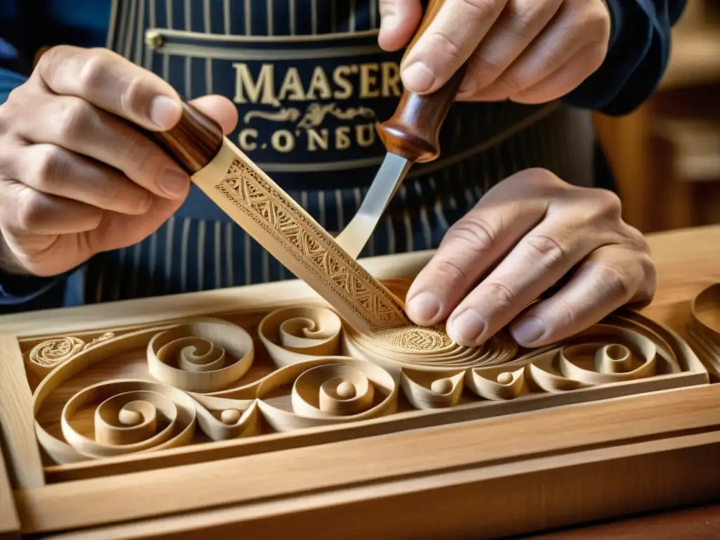 Un artesano talla con precisión patrones en la madera para órganos, mostrando la artesanía y la elección de madera para órganos