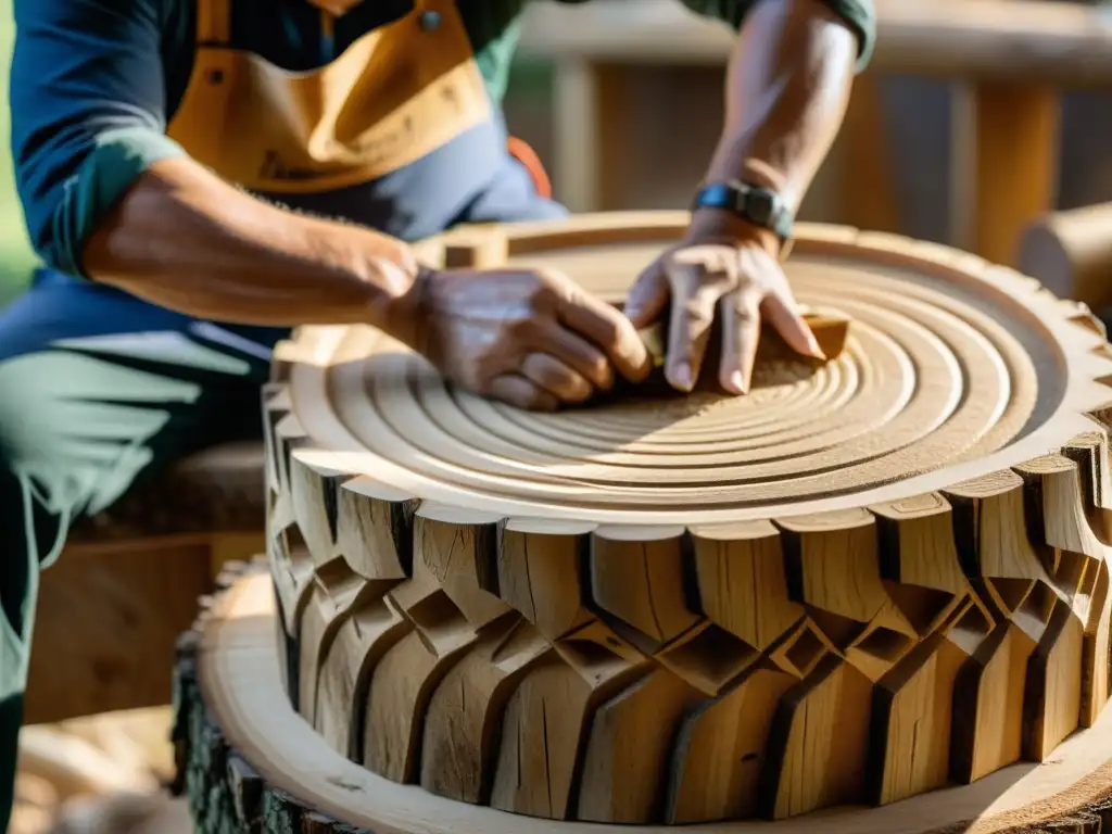 Un artesano talla patrones en un tambor de tronco, en un taller rústico, capturando la historia y construcción del log drum con precisión y tradición