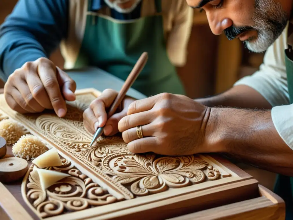 Un artesano talla patrones en una Tzouras griega, con virutas de madera esparcidas