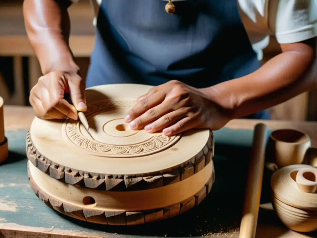 Un artesano talla con precisión un Cajón peruano: historia y construcción, con dedicación y pasión, envuelto en cálida luz