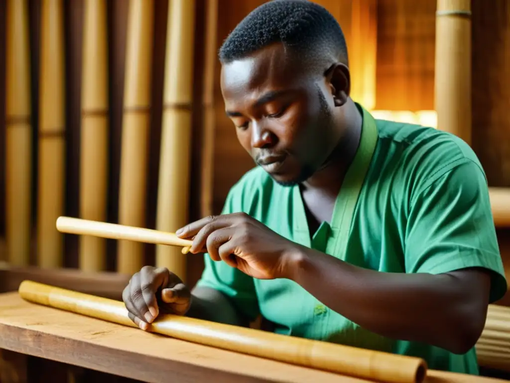 Un artesano talla con precisión una flauta de bambú tradicional de Ghana, con delicadas virutas en el aire