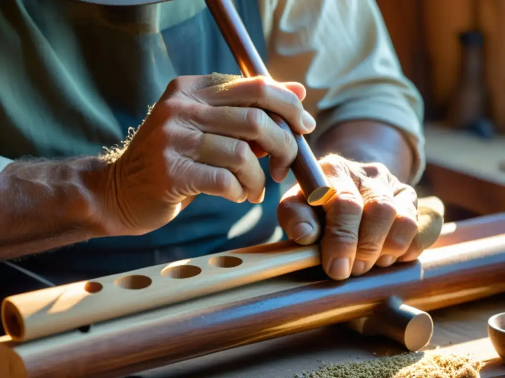 Un artesano talla con precisión una flauta de madera reciclada, destacando la textura y su pasión por los instrumentos musicales sostenibles reciclados