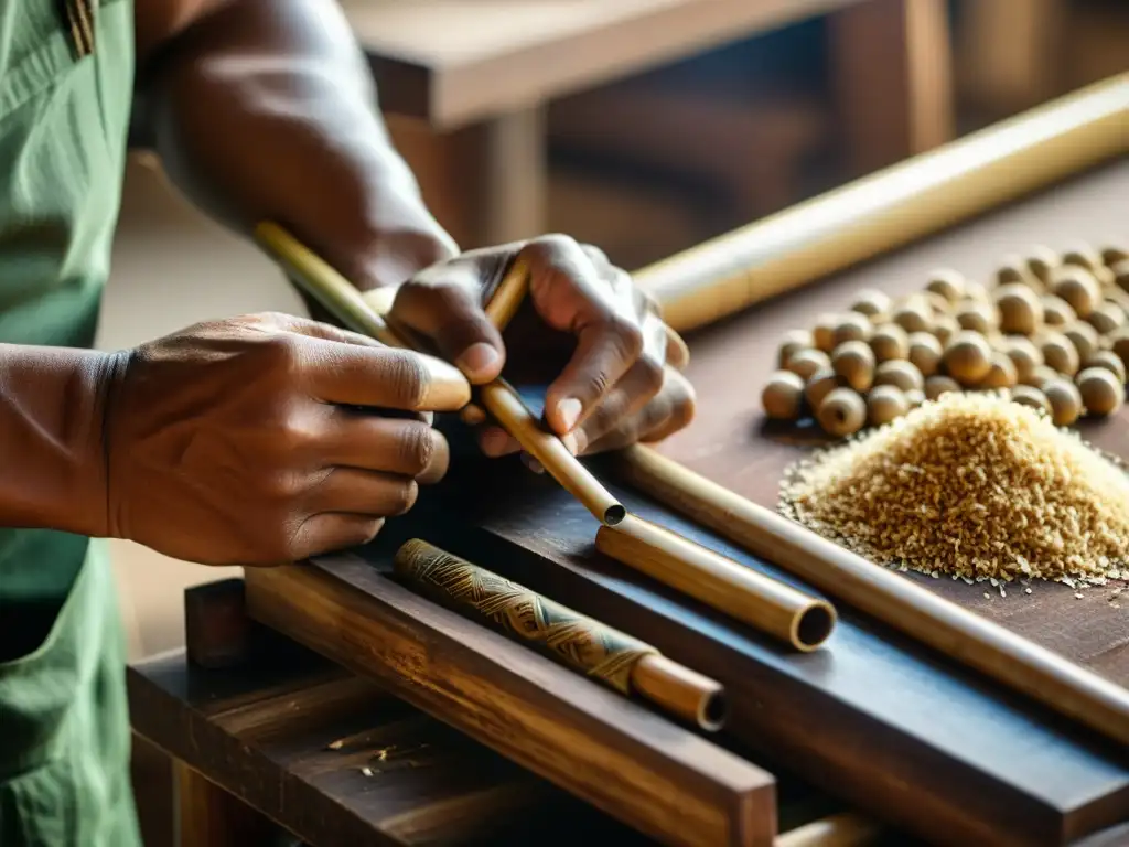 Un artesano talla con precisión una flauta de bambú asiática, mostrando la construcción artesanal de instrumentos musicales