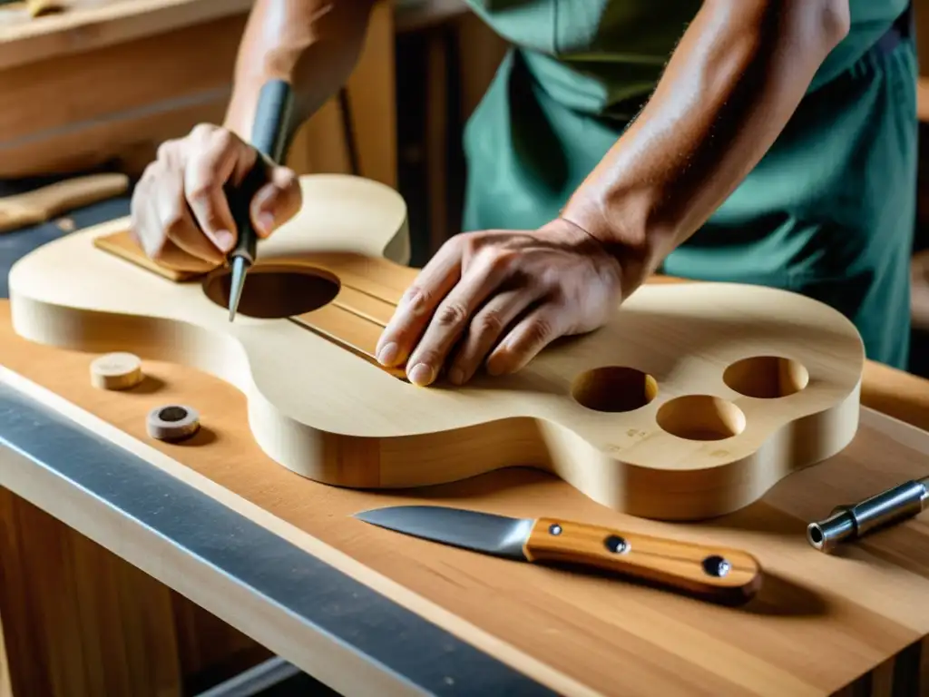 Un artesano talla con precisión una guitarra de madera rodeado de materiales sostenibles, creando instrumentos musicales ecológicos innovadores