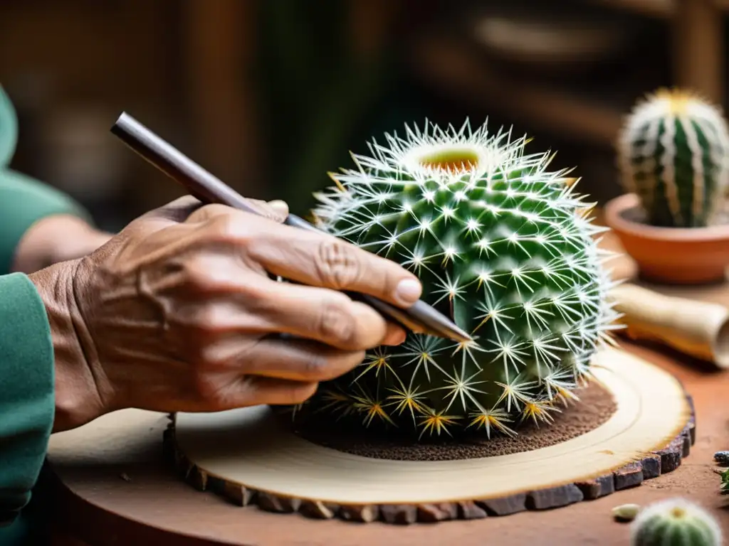 Un artesano talla con precisión un cactus para crear un instrumento percusivo único