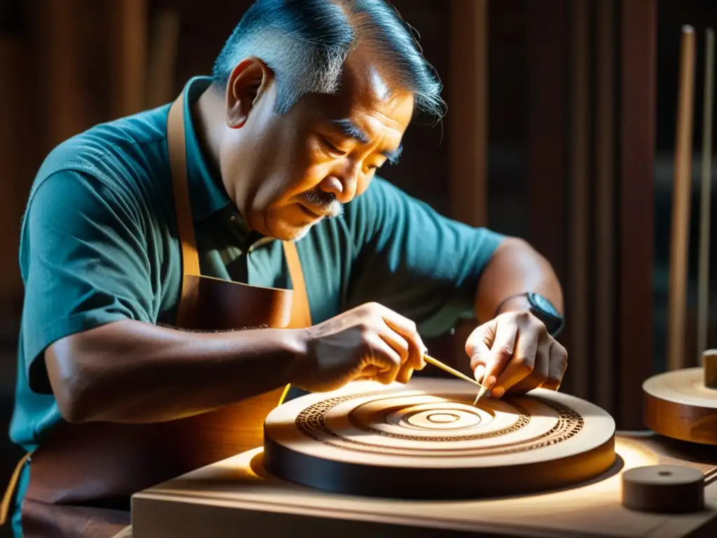 Un artesano talla con precisión una intrincada melodía en un instrumento musical tradicional, iluminado por un rayo de sol