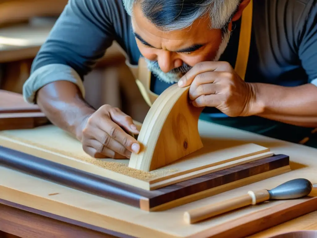 Artesano talla con precisión la madera para la historia y construcción del harpejji