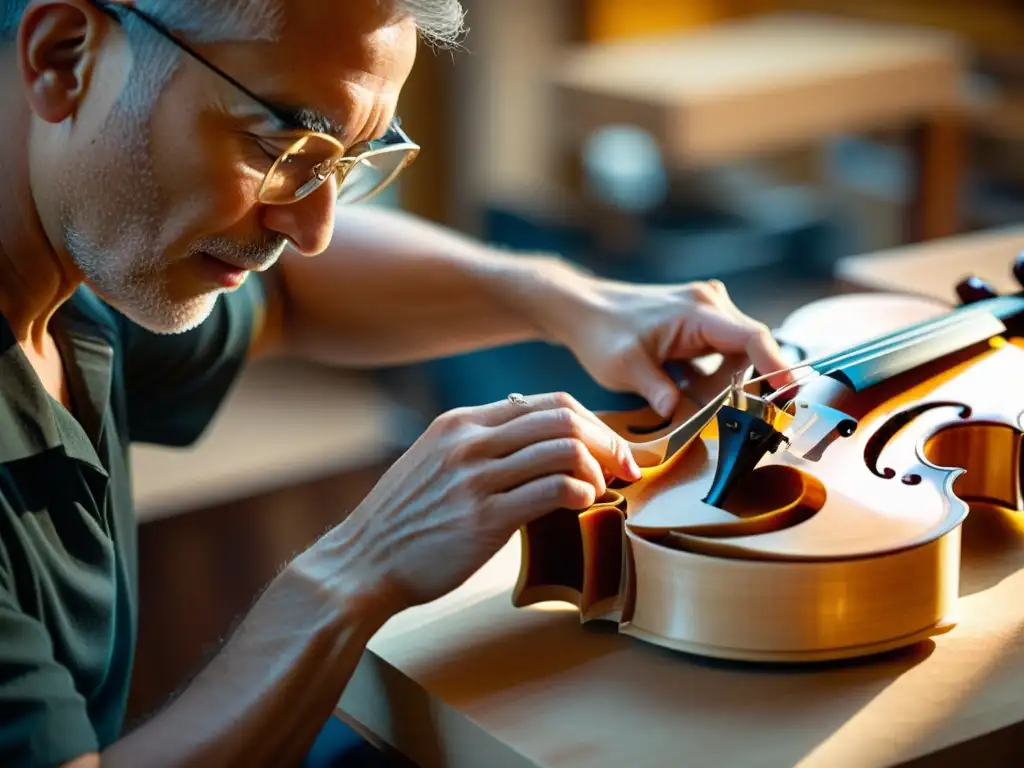 Un artesano talla con precisión una madera de arce para crear la espalda de un violín, bañado por cálida luz dorada