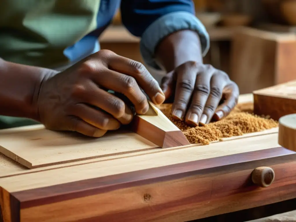 Un artesano talla con precisión una marímbula afrocubana en madera de caoba, mostrando el origen y construcción de la marímbula afrocubana