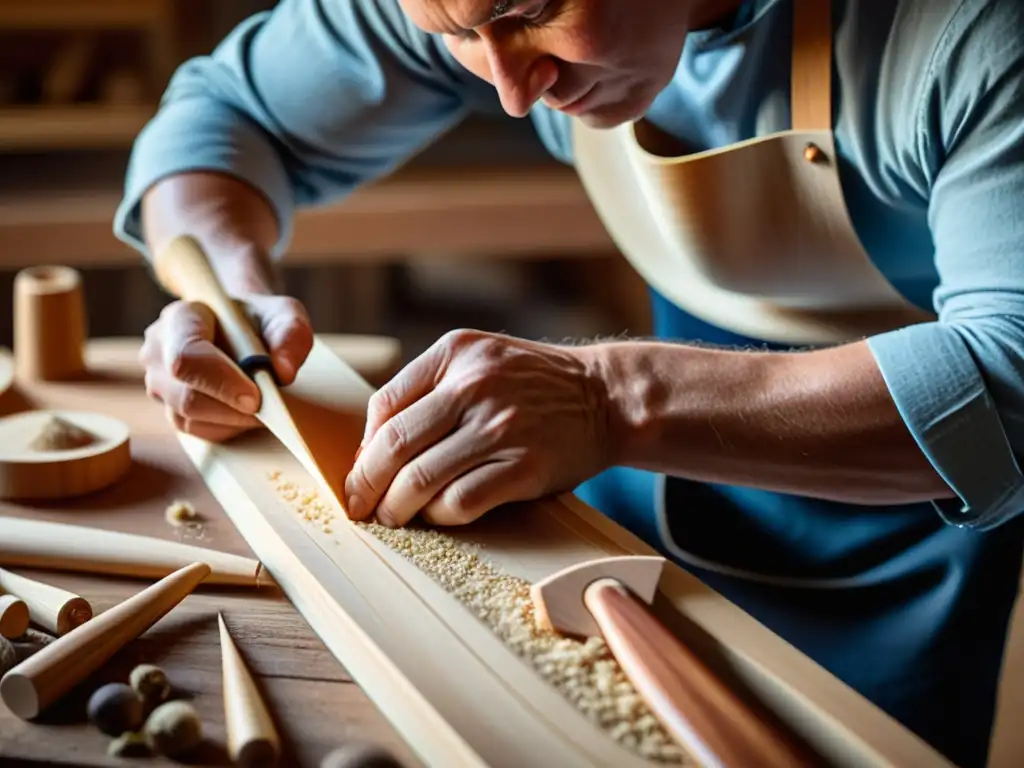 Un artesano talla con precisión un kantele finlandés en su taller, rodeado de herramientas y virutas de madera, reflejando la historia y construcción del kantele con maestría y dedicación