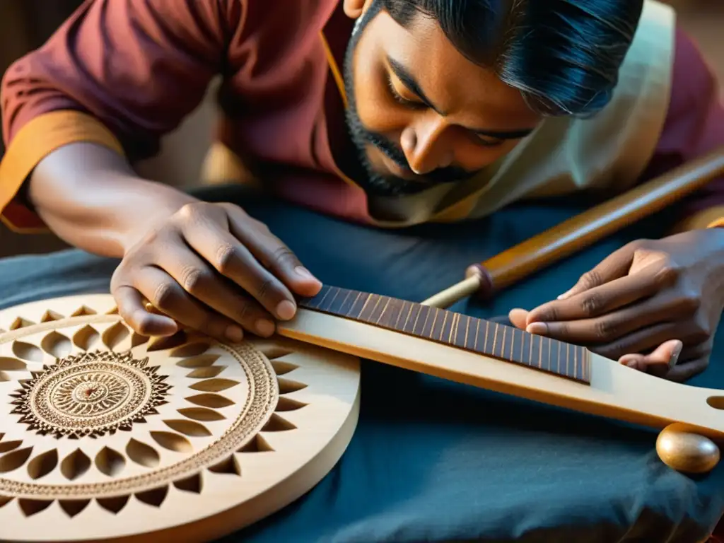 Un artesano talla con precisión una vichitra veena en su taller, destacando la dedicación y la belleza del instrumento musical