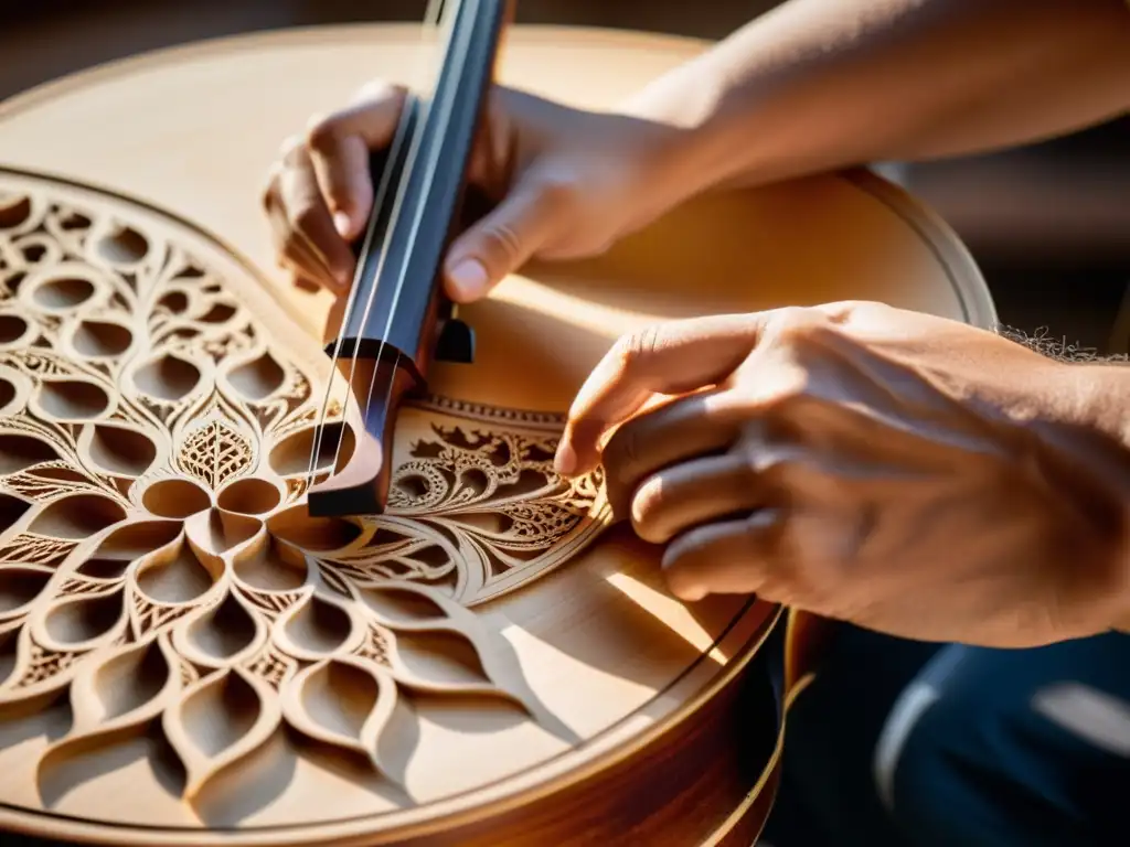 Un artesano talla con precisión una viola da gamba, capturando la esencia del origen y evolución de viola da gamba