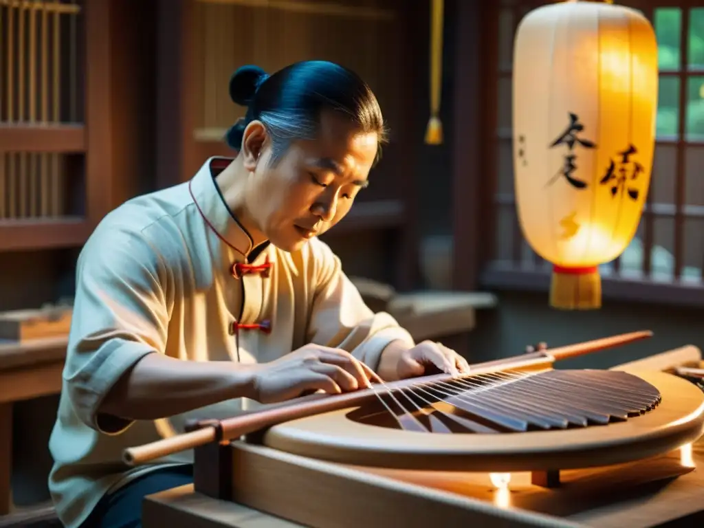 Un artesano talla meticulosamente un guzheng en un taller tradicional chino, resaltando la historia y construcción del guzheng