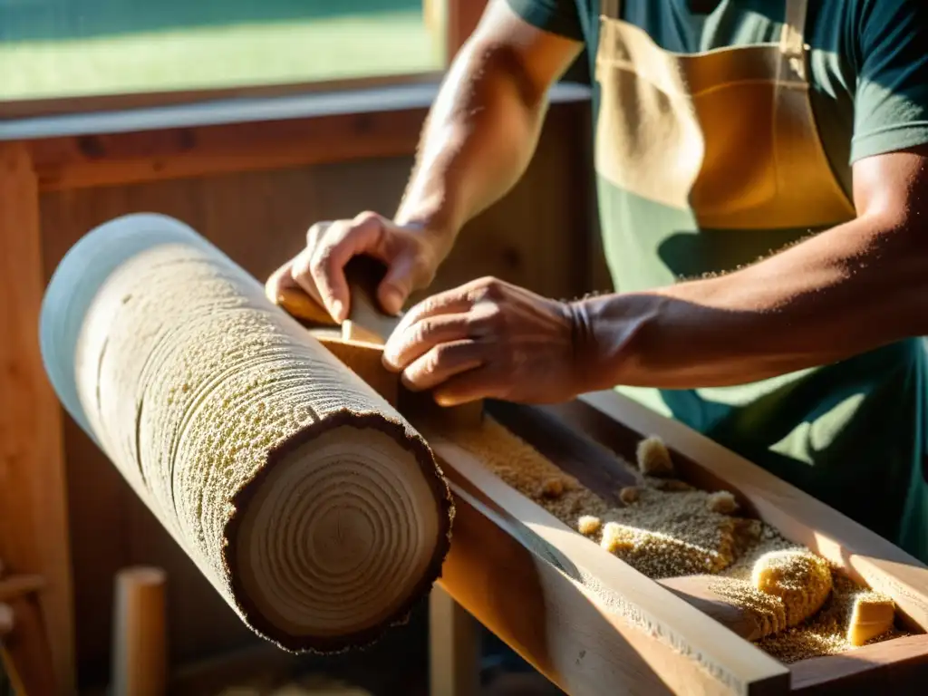 Un artesano talla con precisión un tambor de madera, mostrando la artesanía y dedicación en la creación de este instrumento musical log drum percusión