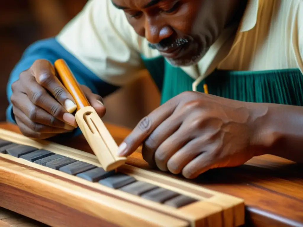 Artesano tallando madera para balafón con maestría Un artesano talla con precisión las teclas de madera de un balafón, mostrando destreza y concentración