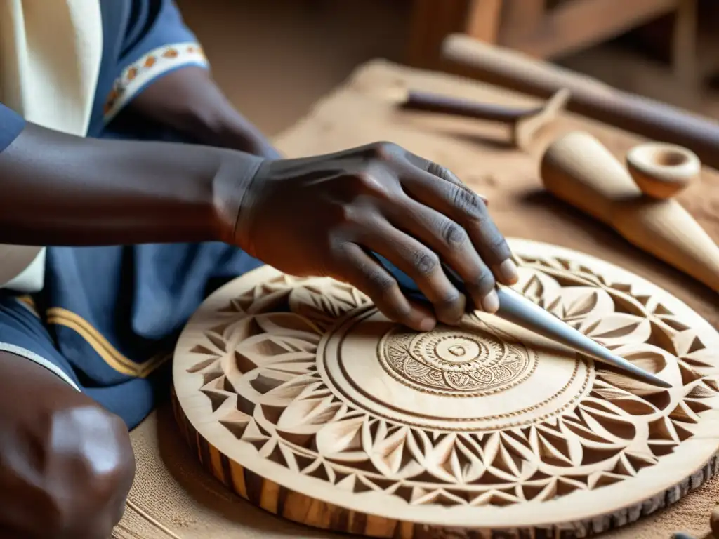 Un artesano talla con maestría una tradicional Kora africana, revelando la historia y sonido del kora africano en cada detalle de la madera