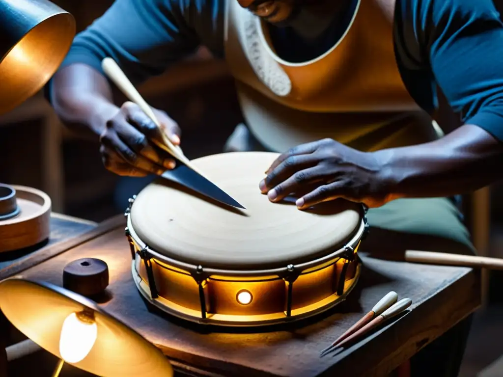 Artesano creando un hang drum en un taller con ambiente dramático, resaltando la dedicación y precisión