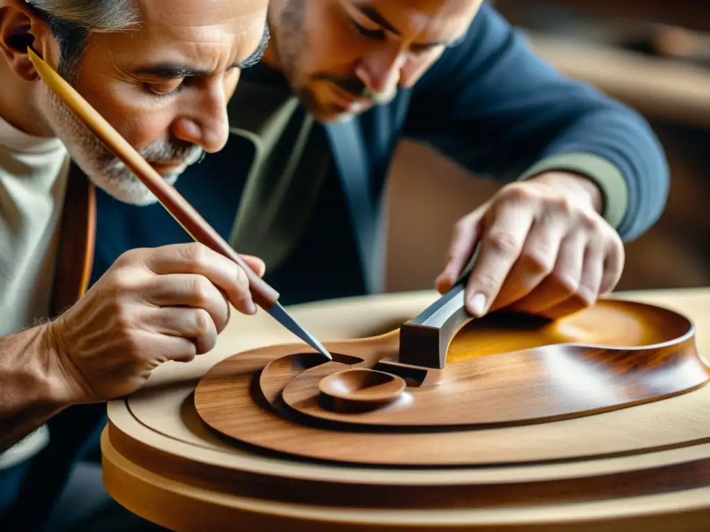 Un artesano construye un violín Stradivarius con precisión en un taller tradicional