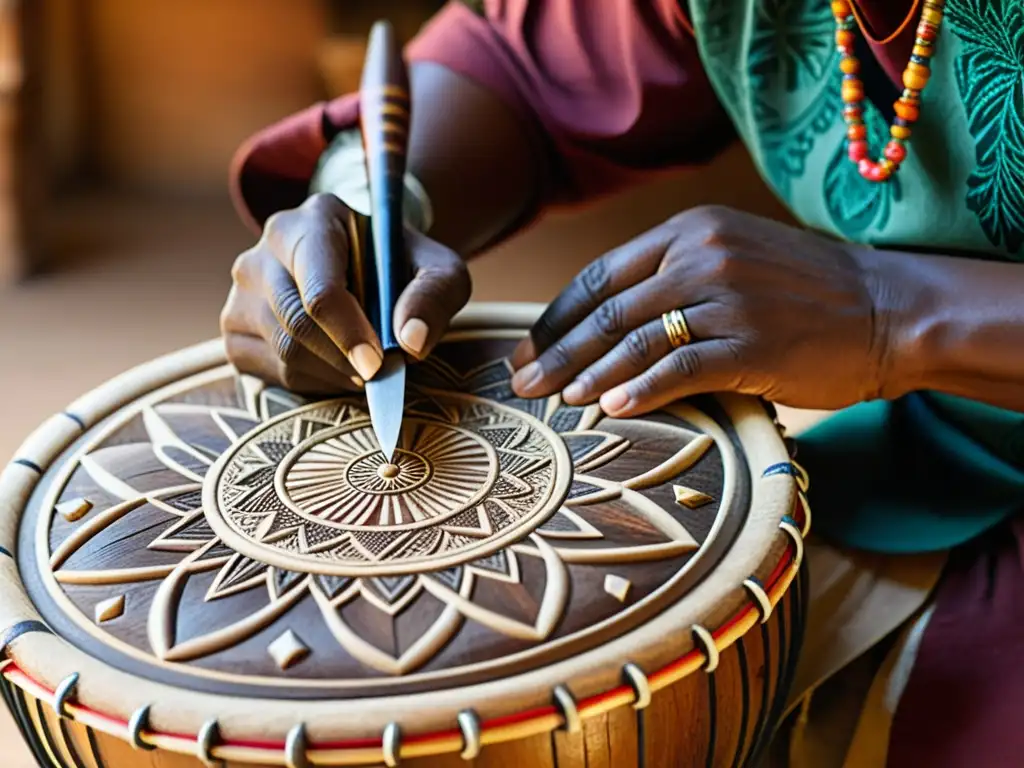 Un artesano restaura con maestría un tambor étnico antiguo, concentración y colores vibrantes dan vida a la escena