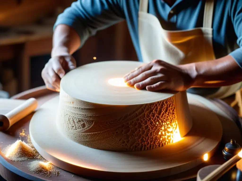 Artesano tallando un tambor de madera, con luz natural resaltando los detalles