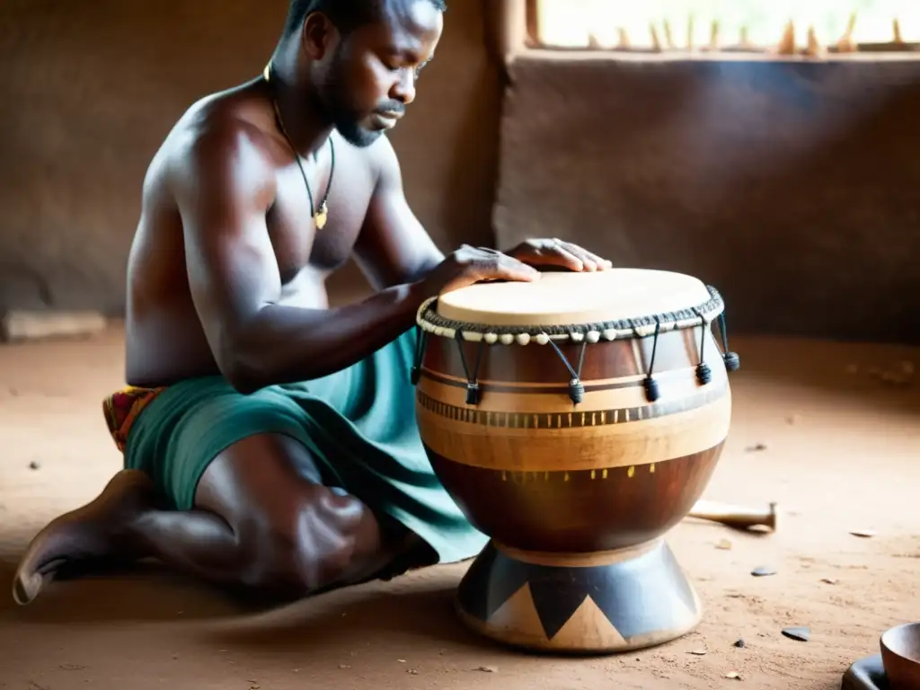 Artesano tallando un tambor Djembe de madera oscura con herramientas tradicionales en luz natural cálida