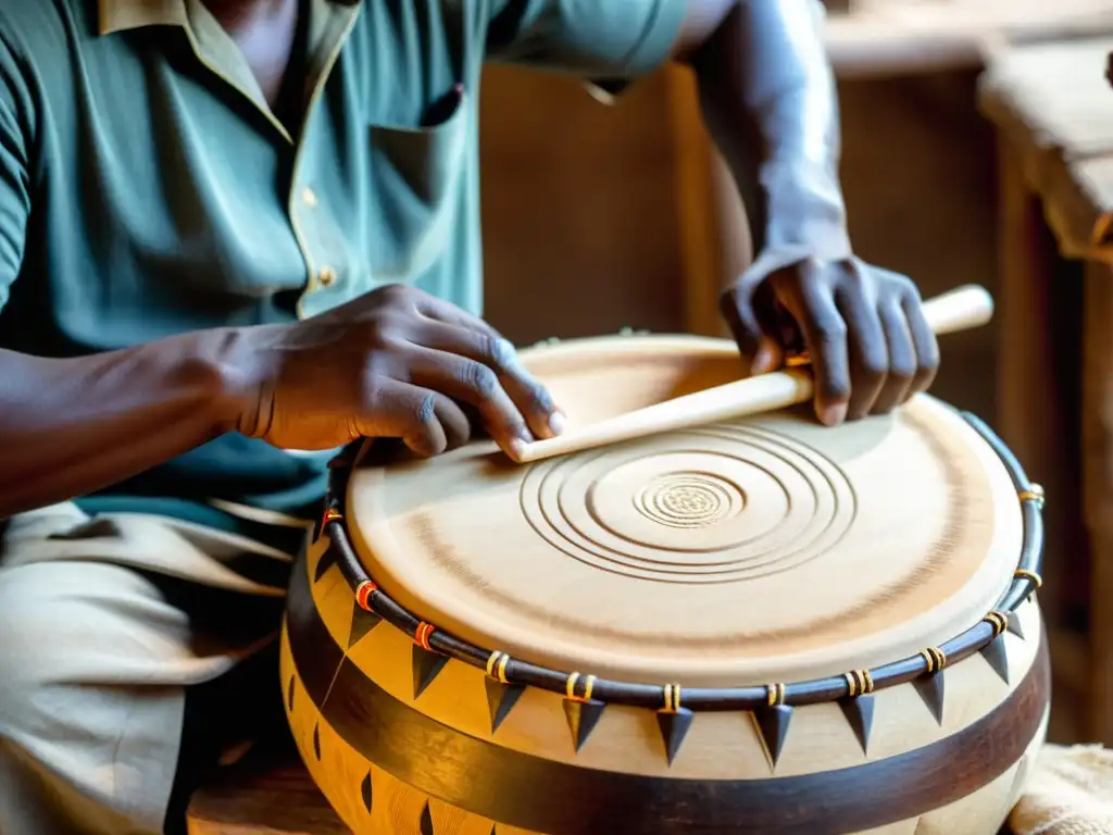 Un artesano talla un tambor bajo Dagbani, mostrando la rica historia y artesanía de África occidental