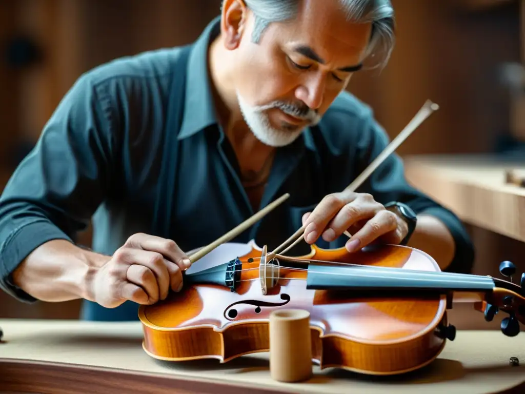 Artesano tallando la tapa armónica de un violín, resaltando la importancia de materiales y resonancia en instrumentos musicales