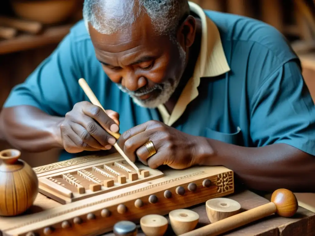 Maestro artesano esculpe keys de balafón africano Un artesano tallando las teclas de un balafón con herramientas y materiales naturales