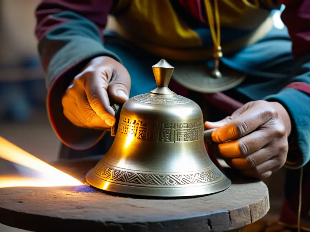 Un artesano tibetano experto crea campanas con técnicas ancestrales en un taller tradicional, exudando espiritualidad y artesanía atemporal