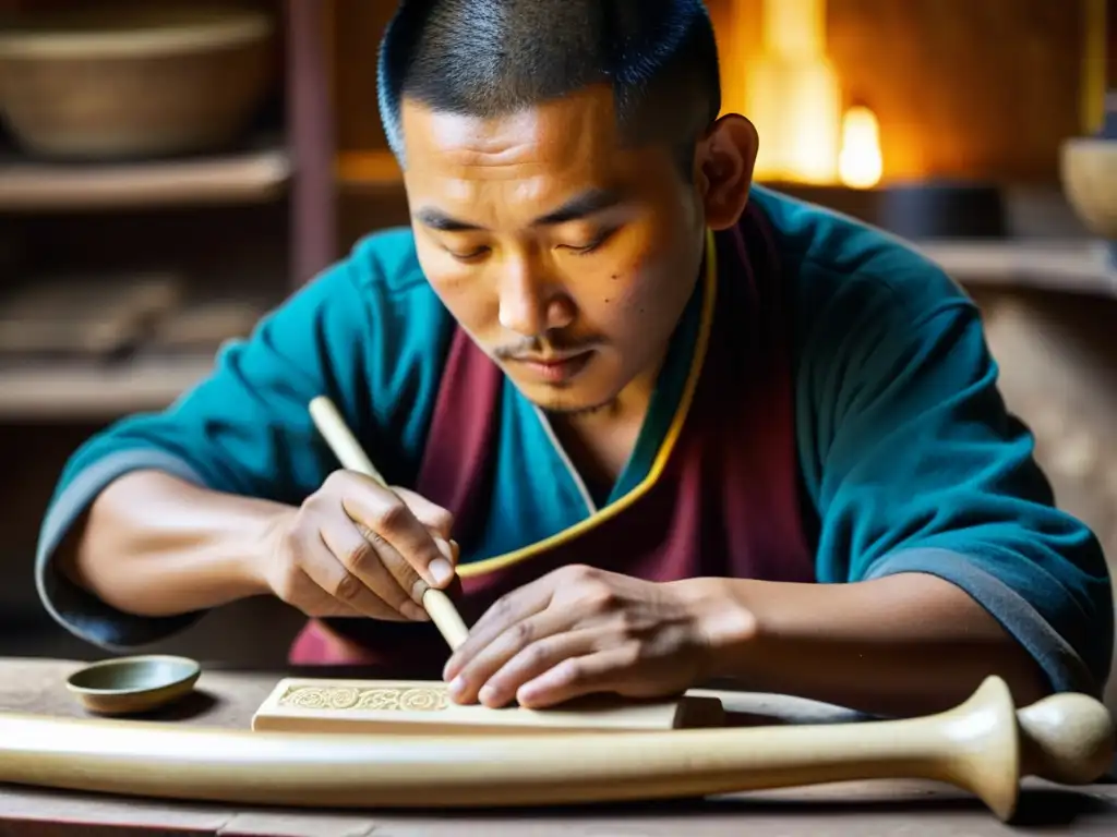 Un artesano tibetano hábil da forma al Kangling, un instrumento espiritual del budismo tibetano, rodeado de herramientas y materiales