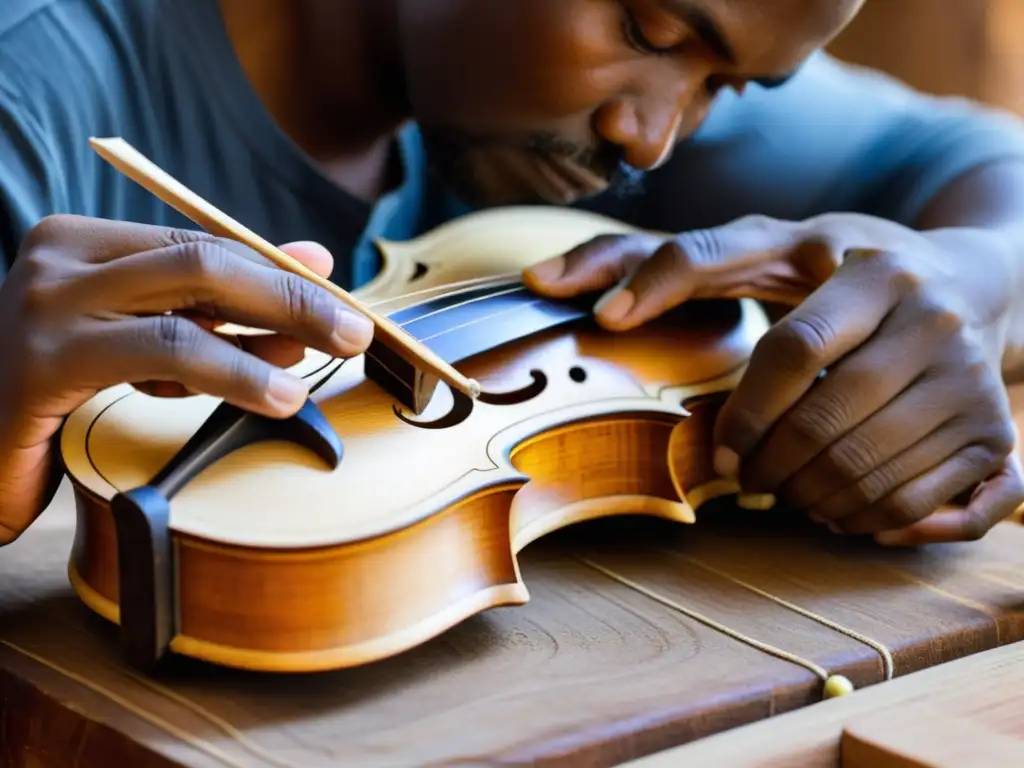 Un artesano hábil construye un fiddle tradicional de Mozambique con precisión, mostrando la rica historia y artesanía detrás del instrumento