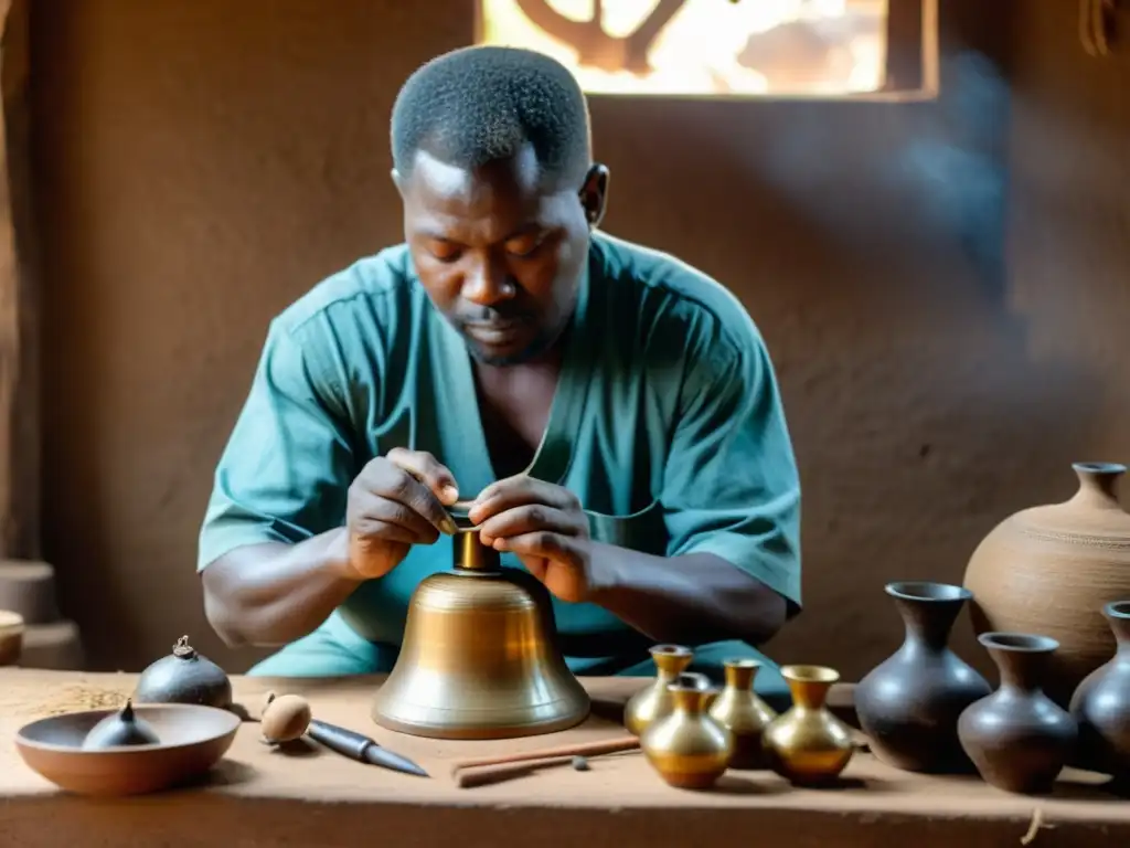 Un artesano tradicional de Ewe en Togo construyendo meticulosamente una campana gankogui, rodeado de herramientas y materiales