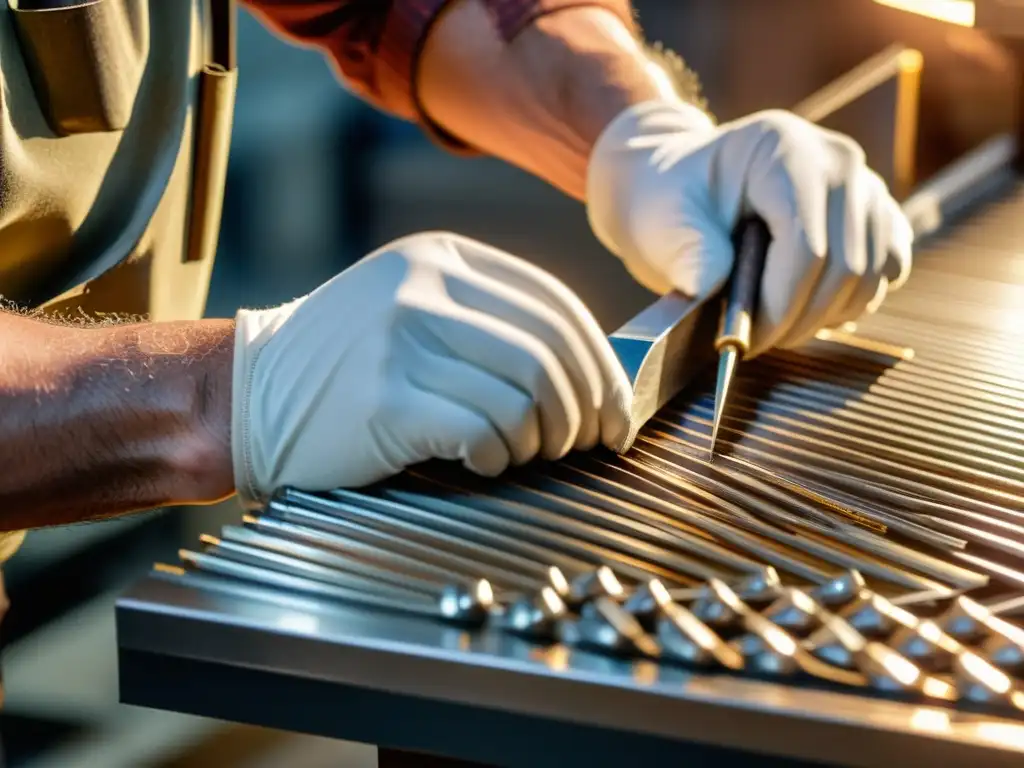 Un artesano detalladamente fabricando trastes de instrumento de cuerda