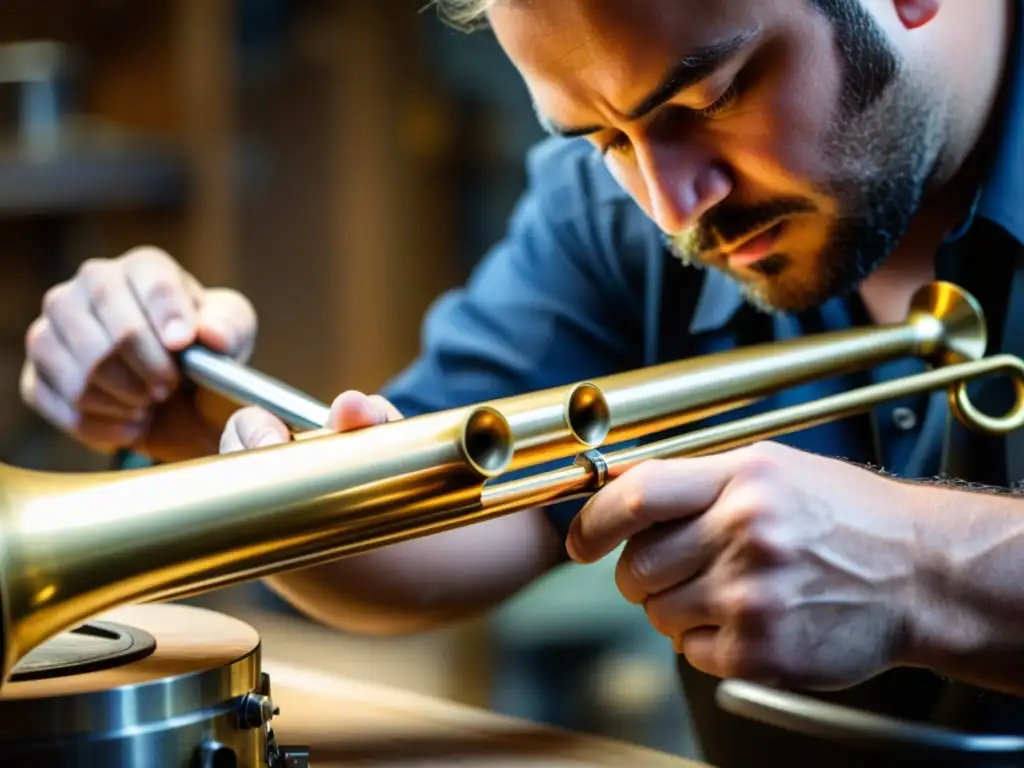 Un artesano ensambla meticulosamente un trombón de pistones en un taller tradicional, evocando la historia y la construcción del instrumento