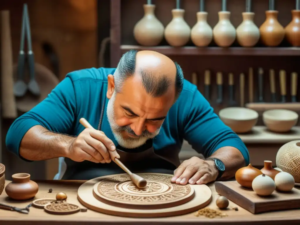 Un artesano turco esculpe con cuidado diseños en un kemence tradicional rodeado de herramientas y materiales