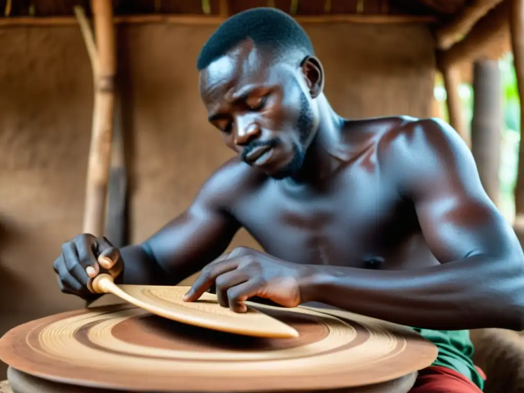 Un artesano ugandés talla con maestría un Endongo, destacando la importancia cultural del instrumento